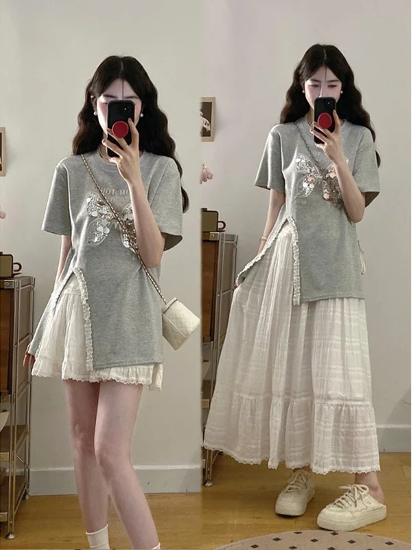 

Летний повседневный комплект больших размеров для женщин: топ с коротким рукавом и юбка-миди, комплект из двух предметов, стройнящий дизайн, удобный, из полиэфирного волокна