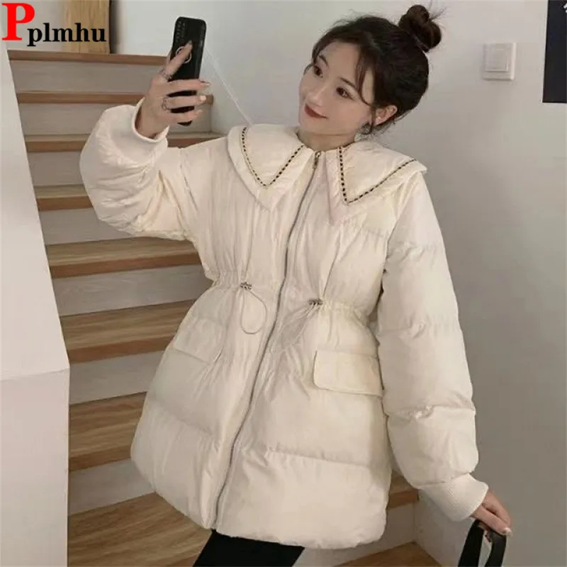 Korea Fashion Doll Collar Cotton Coat Tops Winter Elegant Parkas Casaco Adjust Wasit Chaqueta  Casual New Women Jackets Abrigos