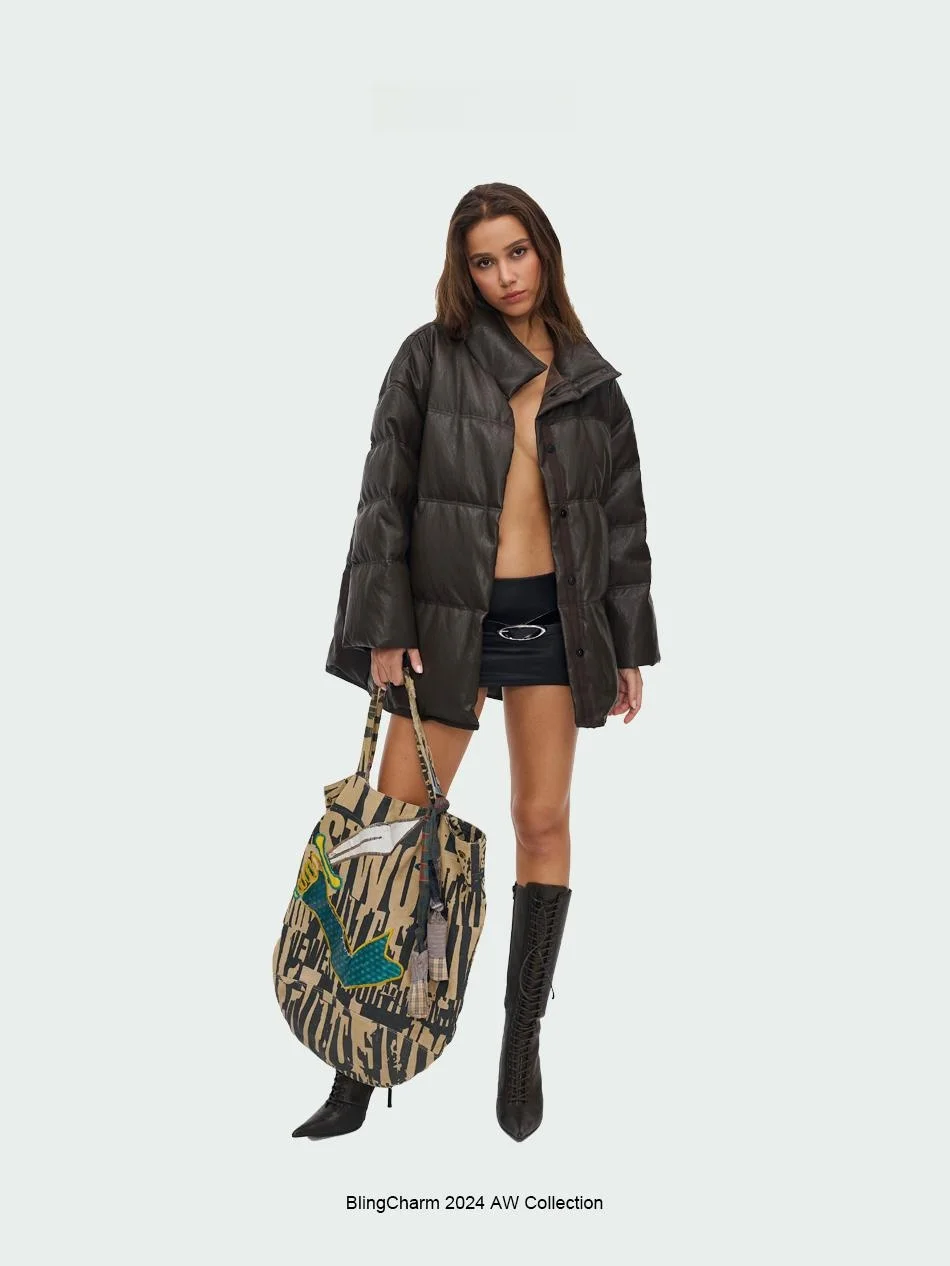 

Зимняя теплая куртка BlingCharm с воротником-стойкой, модная, свободного кроя, из искусственной кожи, с наполнителем из белого утиного пуха, в уличном стиле, средней длины, стандартный крой