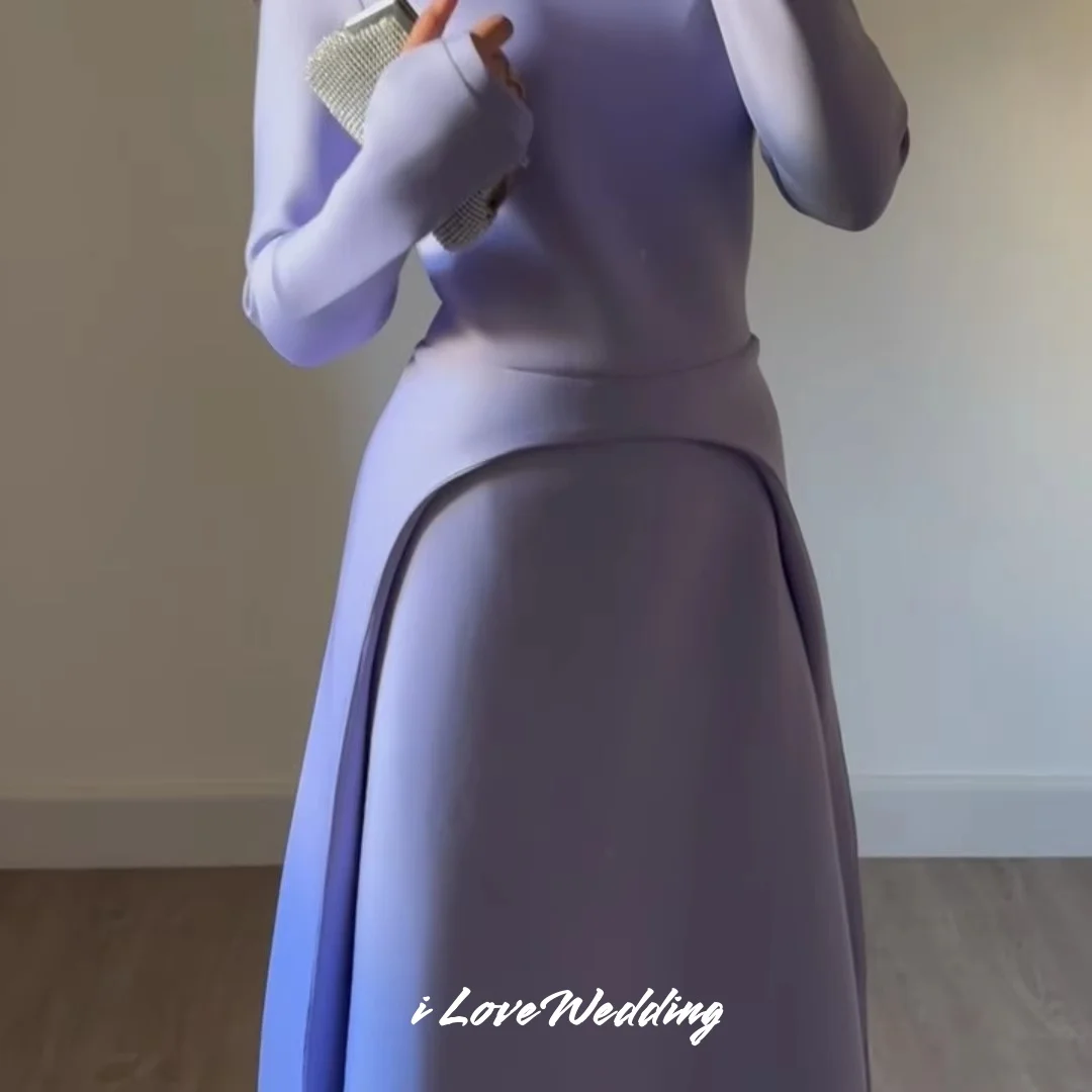 ชุดราตรีสีม่วงคอสูง ปี 2025 ผ้าซาติน แขนยาว ทรงเอไลน์ ยาวถึงข้อเท้า จีบระบาย สำหรับงานพรอม งานแต่งงาน งานเลี้ยง  รับตัดตามแบบ