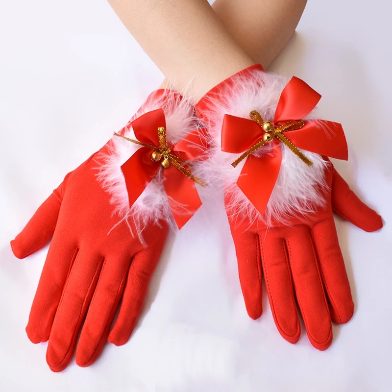 652F White Fur Costume Gloves Red Velvet Gloves with White Furry Cuff Accessories for Costumes for Women and Kids Gifts