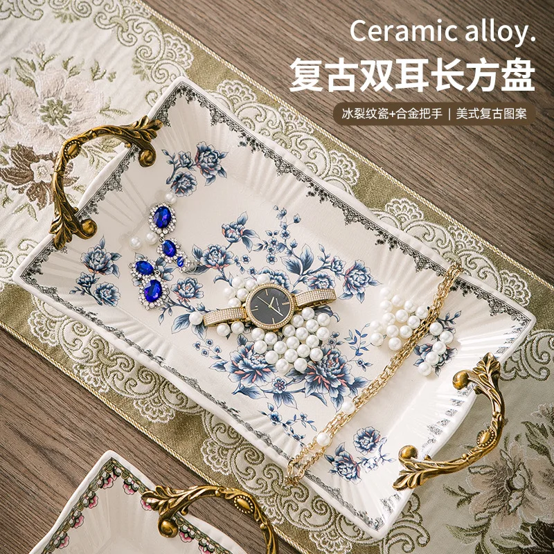 

WD villa model house light luxury retro ceramic tray creative binaural fruit plate living room decoration ornament