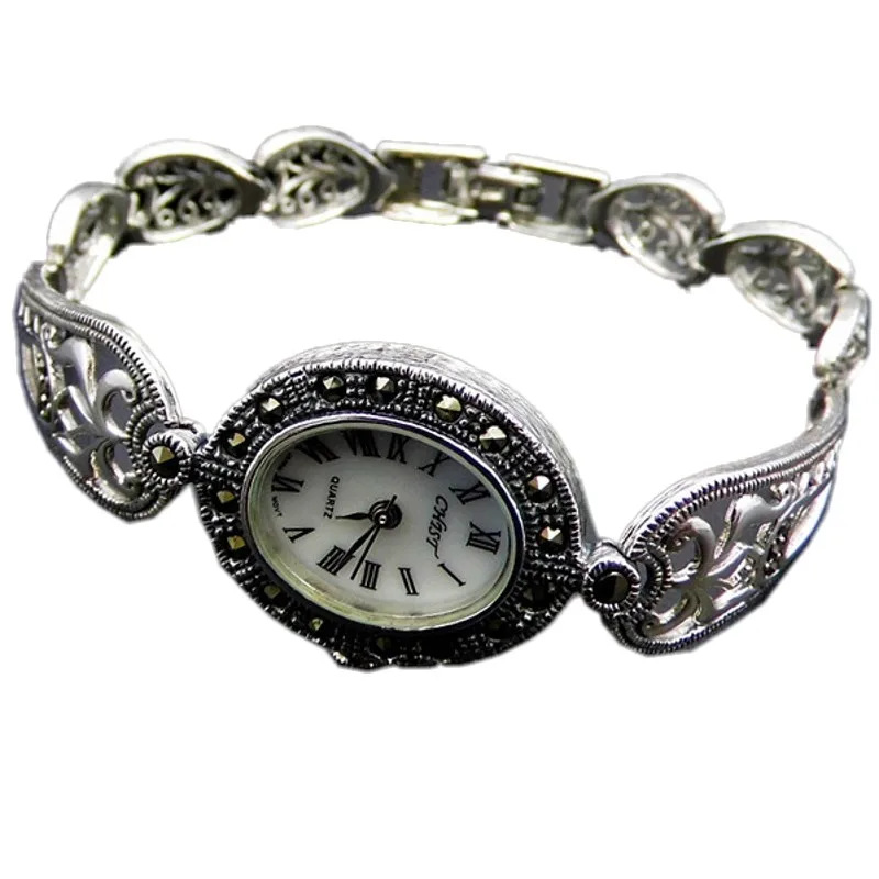 BOCAI Genuine S925 Pure Silver Jewelry Watch Female Retro Fashion New Bracelet Woman Watch