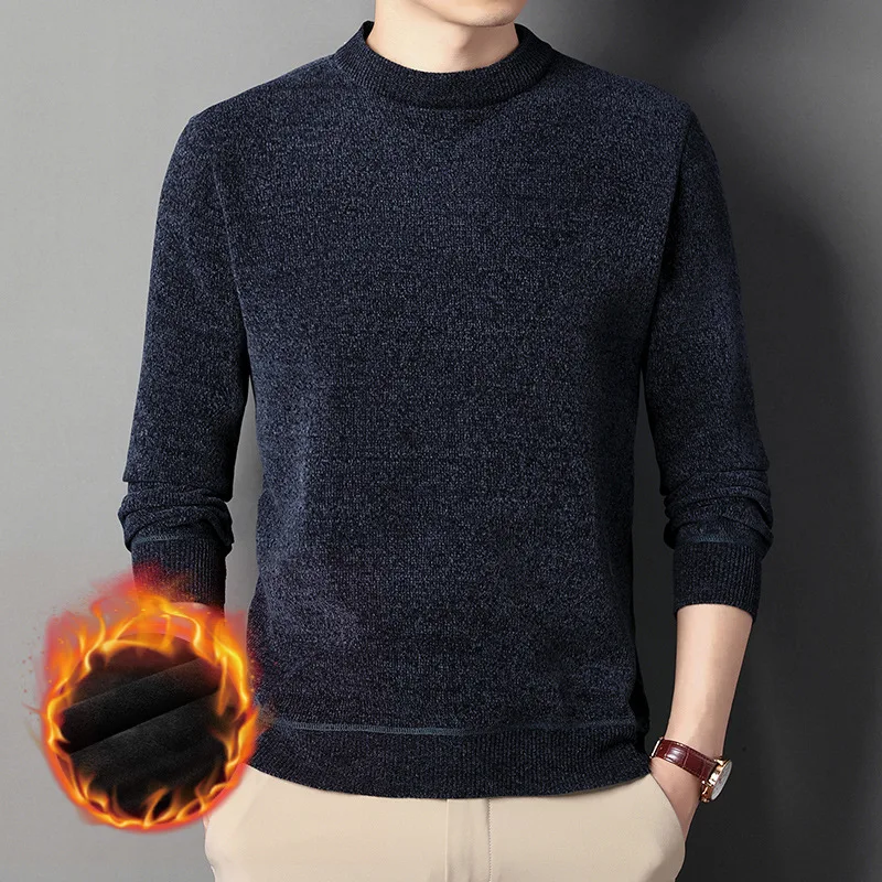 

Winter Men's Knit Pullover Sweater Casual Comfortable Thickened Warm Undershirt Fleece Classic Round Neck Soft Solid Sweaters