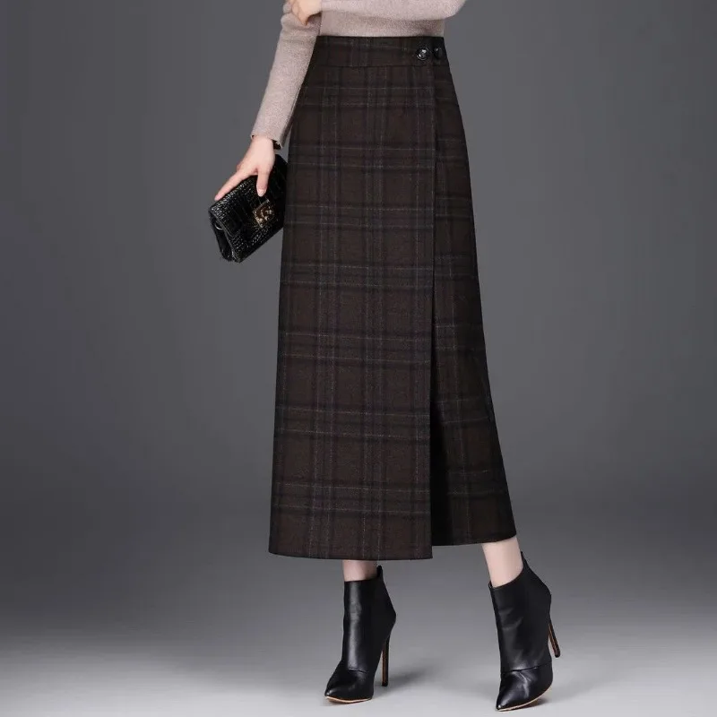 women high waist plaid midi skirt wrap front button decor straight casual long skirt