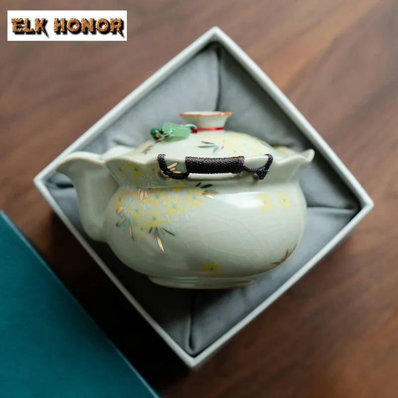 

200ml Ru Kiln Hand-painted Daisy Hand Grab Teapot Handmade Tea Infuser Pot Tea Making Kettle With Filter Tea Items Ornaments