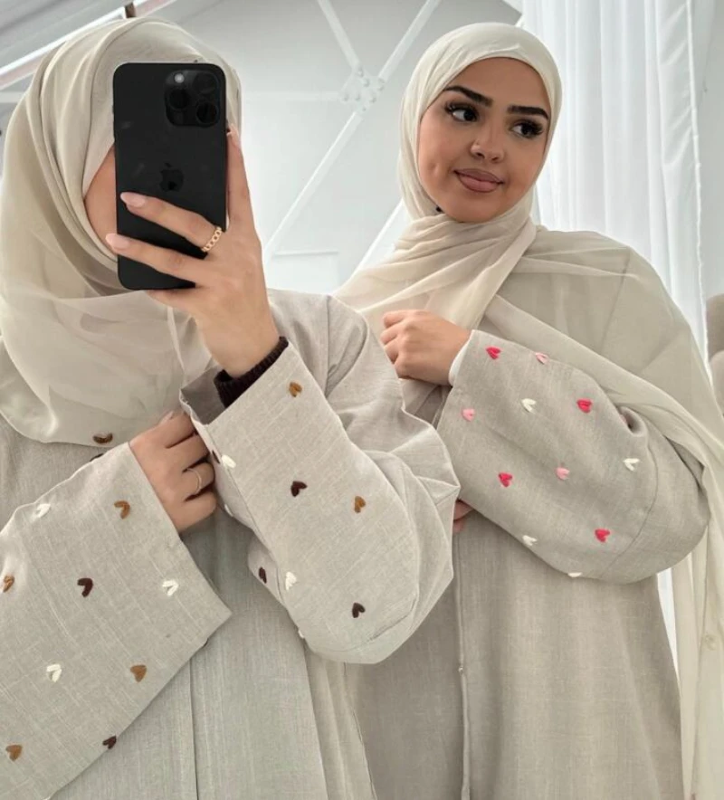 

Тонкое льняное открытое кимоно с вышивкой сердца, мусульманское платье Абая для женщин, Дубай, роскошная Турция, Рамадан, Ид, исламская одежда, кафтан