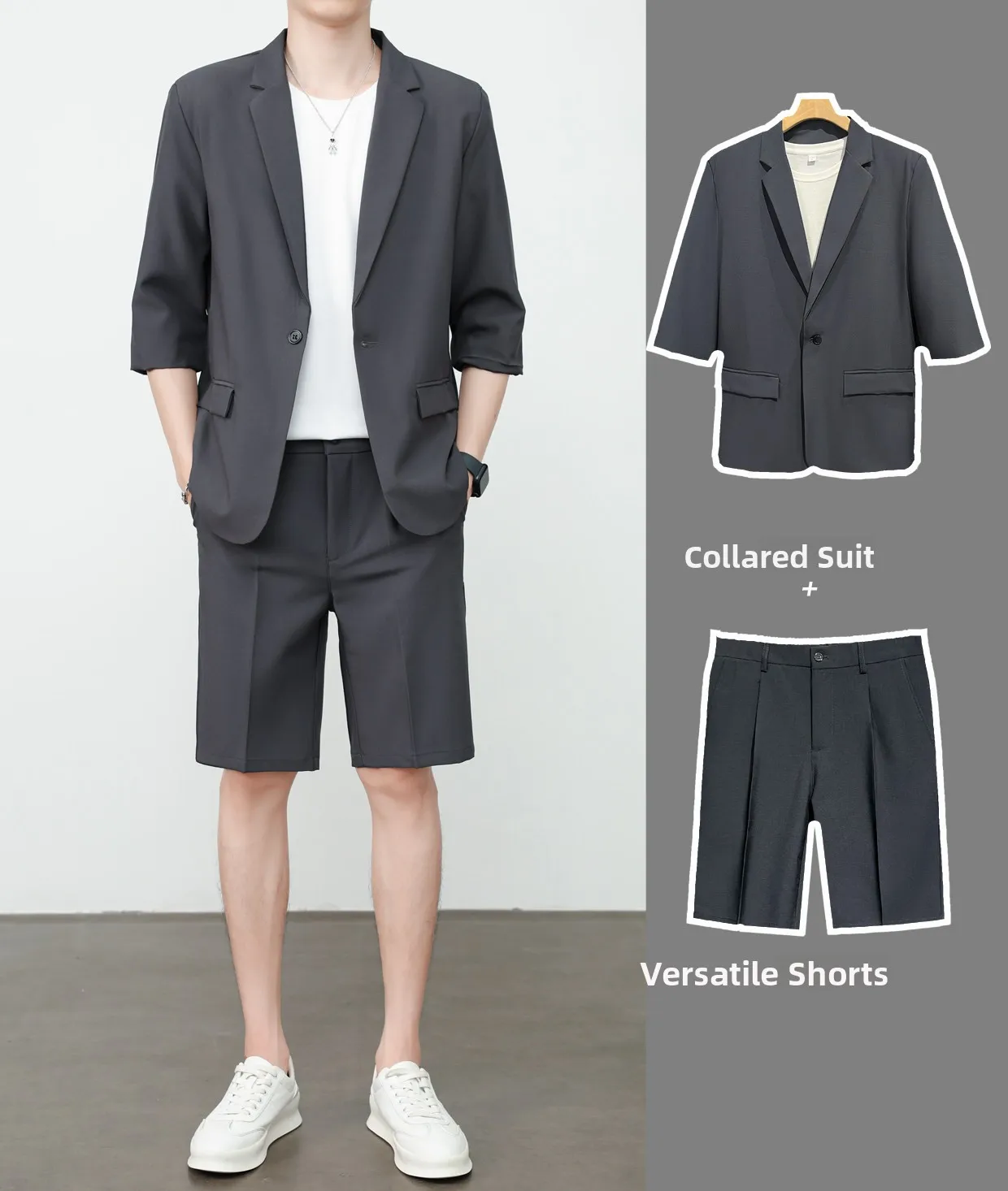 Dark gray suit + shorts