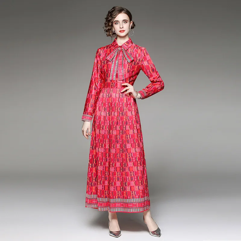 

CH Womens CHCH Monogram Print Maxi Dress Long Sleeve Bow Neck A Line Elegant Party Evening Fashion Casual Dress