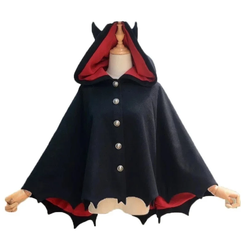 

2023 Fleece Poncho Hoodie Cloak Coat Winter Kids Halloween Gothic Punk Black Devil Bat Wing Demon Costume Lolita