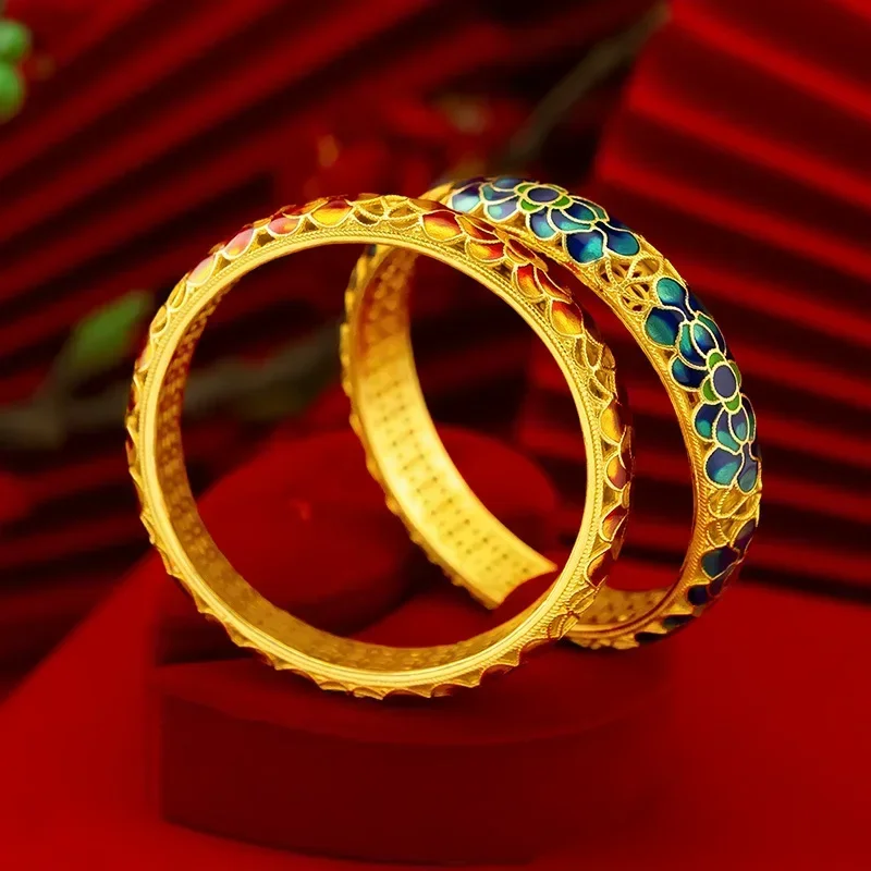 

9999 Real Gold 24K Pure Retro Exaggerated Painting Oil Peony Flower Big Flower Bracelet, Gold Ethnic Style Mother Bracelet