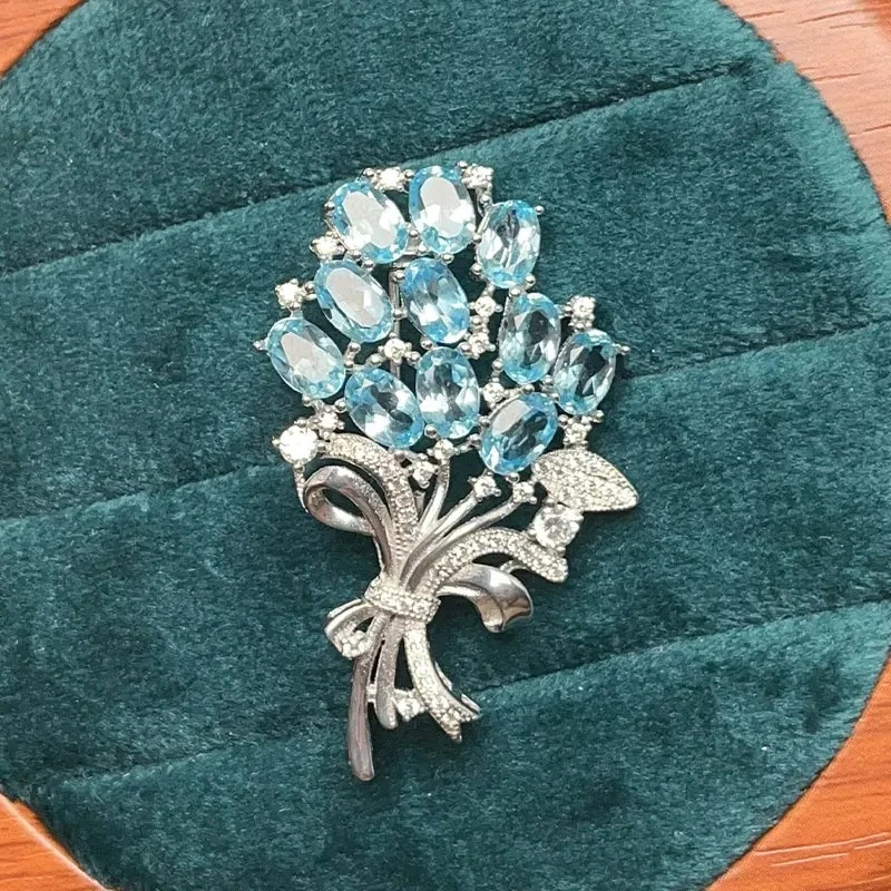 

925 Silver Bouquet Brooch for Party 11 Pieces Natural pink topaz light blue topaz Brooch Fashion Silver Gemstone Brooch