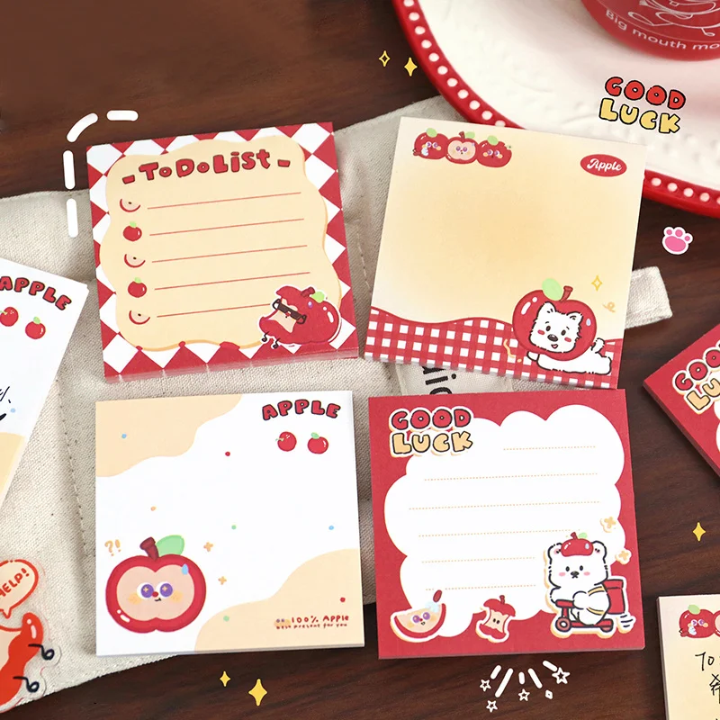 Cute Apple Square Sticky Notes Portable Tearable Memo Pads Office Daily Writing Note Paper, 4 Pads Set 200 Sheets Total
