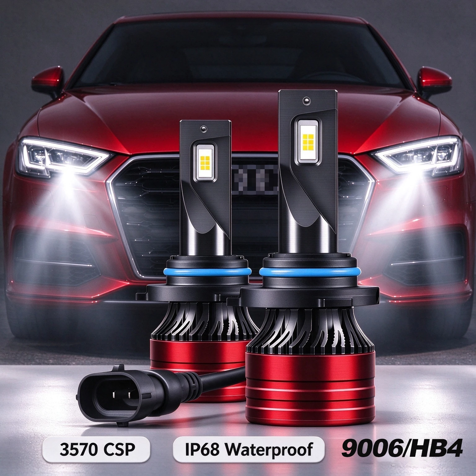 9006/HB4 LED Headlight Bulbs Canbus 3570 CSP Turbo Fan Auto Light Bulbs IP68 Waterproof 6000K White Headlamps