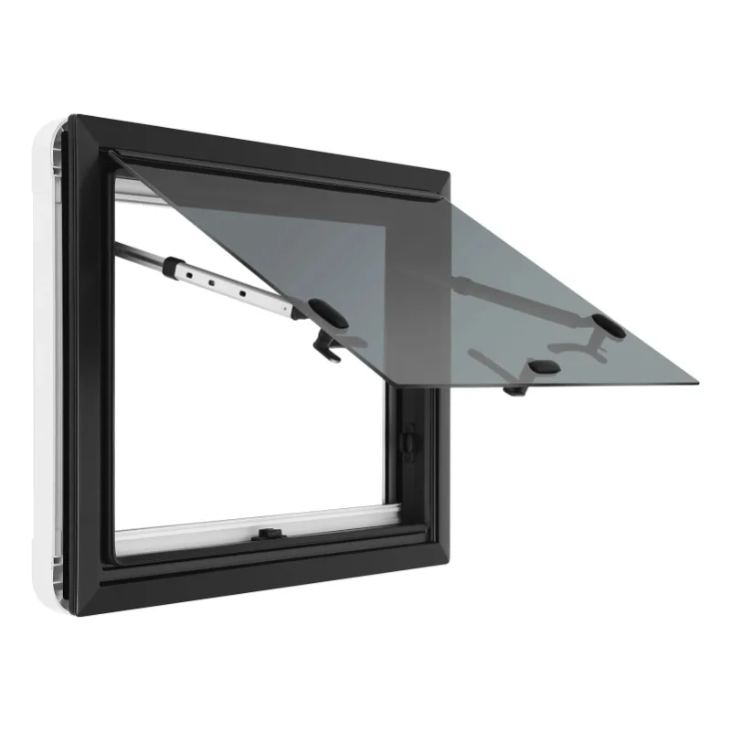 Wohnmobil-Fenster 60x45cm Schwarzes Gehärtetes Glas Klappfenster für Wohnmobile mit Insektenschutz und Rollo Aluminiumlegierung Beschichtung 65 °   Öffnendes Lüftungsfenster mit Sichtschutz für