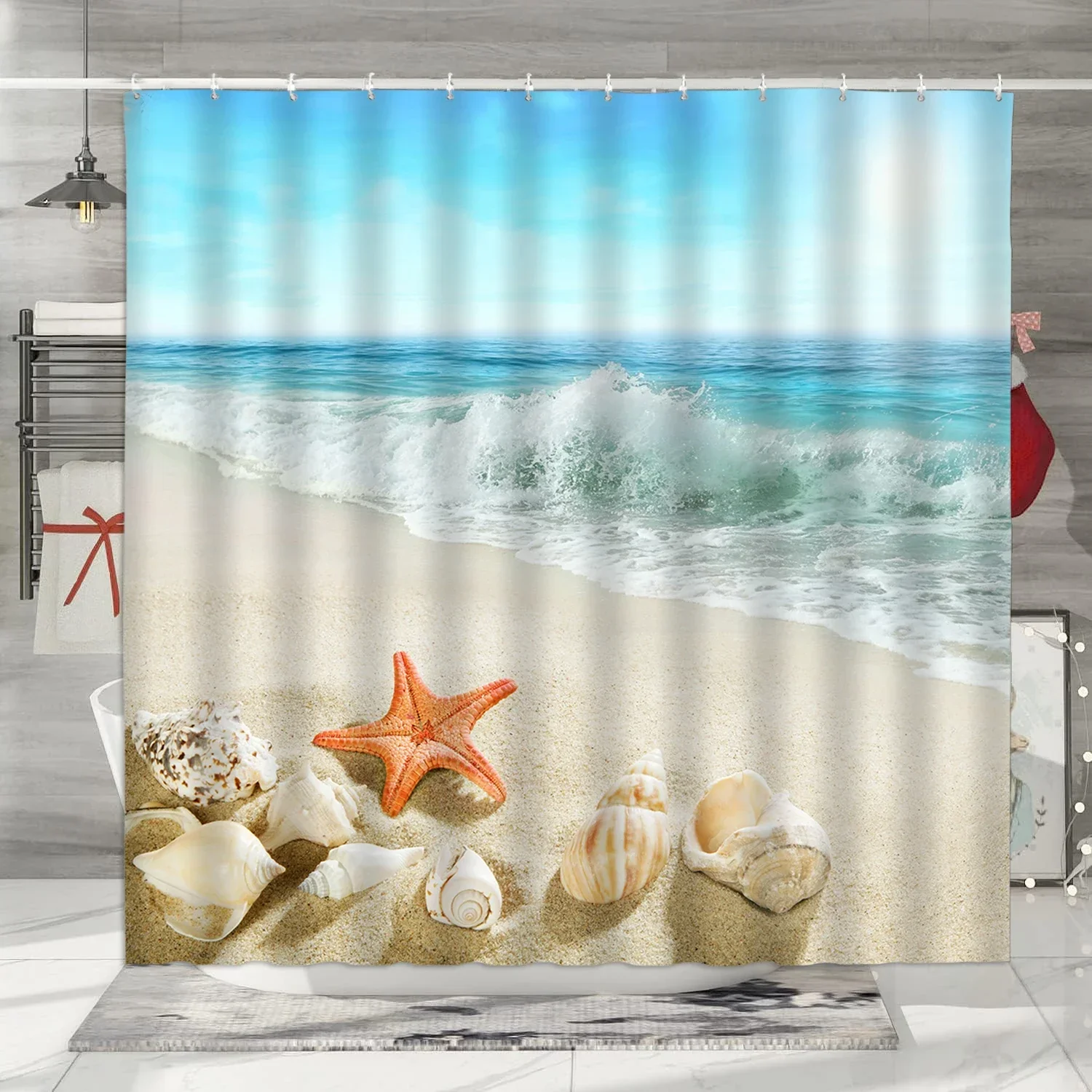 Ocean Shower Curtain, Seaside Beach Waves Coconut Tree Summer Conch Bathtub Partition Bathroom Decorative Shower Curtains