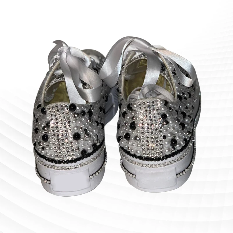 Silver Low Ribbon Canvas Shoes Sports Comfortable Walking Shoes Handmade Rhinestone Ribbon Pearl Vulcanized Shoes 35-46