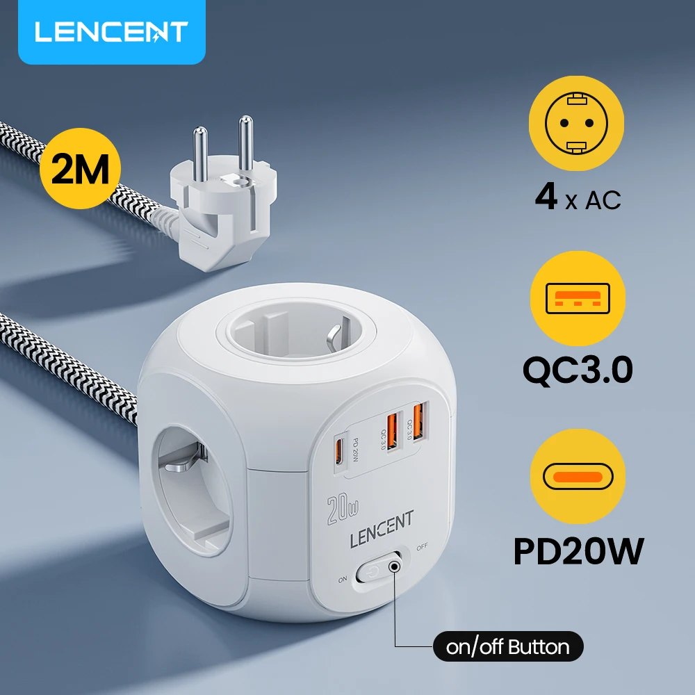 LENCENT Power Strip Cube with 4 AC Outlets +2 QC3.0 USB +1 PD20W Type C 2M/3M Braided Cable Multi Socket with Switch for Home