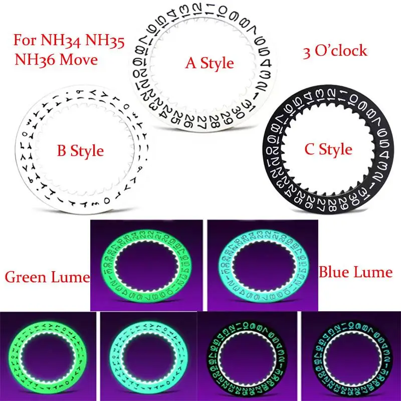 

Календарный диск для часов NH34, зеленый, синий, светящийся, белый, черный, с указателем даты, 3H, для механизмов NH35, NH36, для SKX007, SKX009
