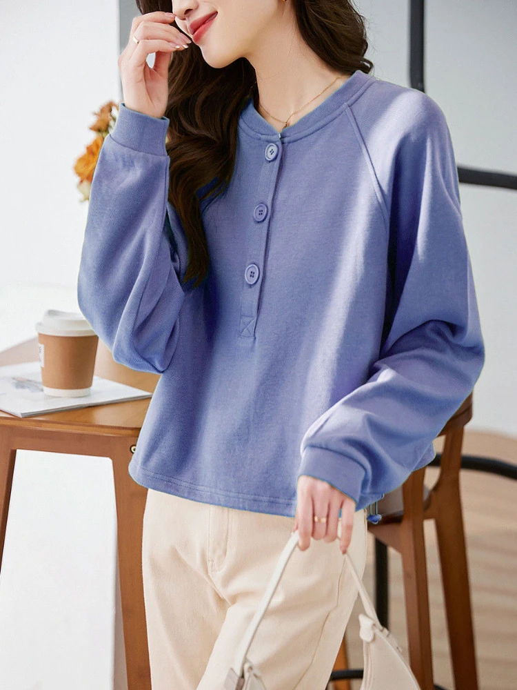 Knopf Frauen Sweatshirt Pullover grün Top lila schlichte Frau Kleidung koreanische Mode Basic auf Förderung ästhetische Anpassung e