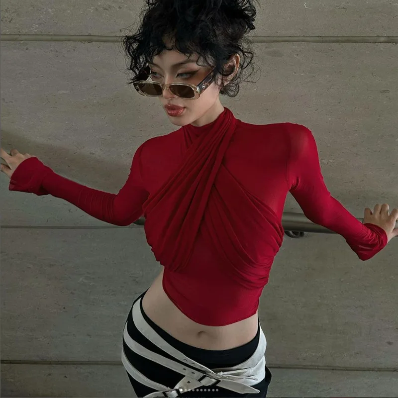 See Through Mesh Sexy Crop Tops Red Black Long Sleeve Tight Shirt Women Street Fashion Blouses