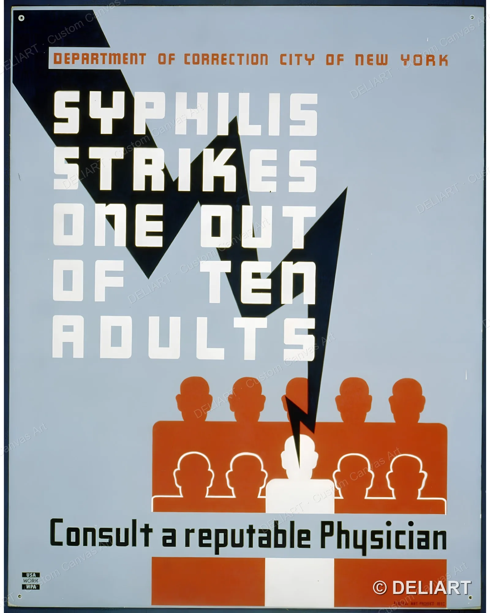 Syphilis strikes one out of ten adults Consult a reputable Vintage WPA Public Health Canvas Wall Art Poster Print Unframed