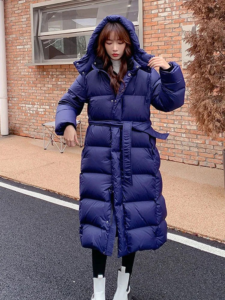 Women\'s X-Long Puffer Down Jacket Hooded Female 2023 Winter New Loose Long Warm Down Coat Slim Feather Parkas Outwear Clothing