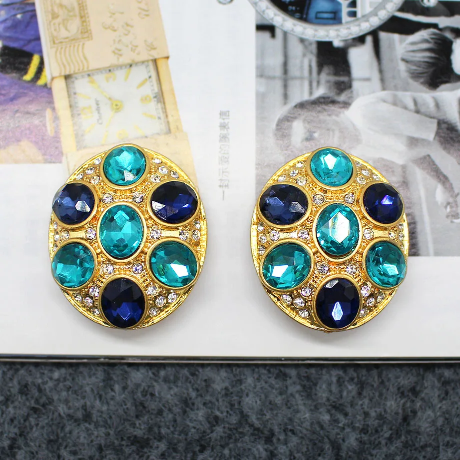 

Vintage Round Inlay Earrings for Women Court Style Blue Jewelry Earrings