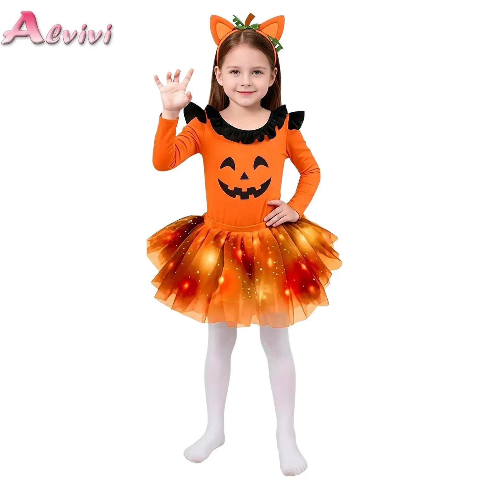 Kids Girls Cute Printed Ballet Dance Outfits Long Sleeve Bodysuit with Ruffled Layered Tutu Skirt Headwear Faux Tail Stockings