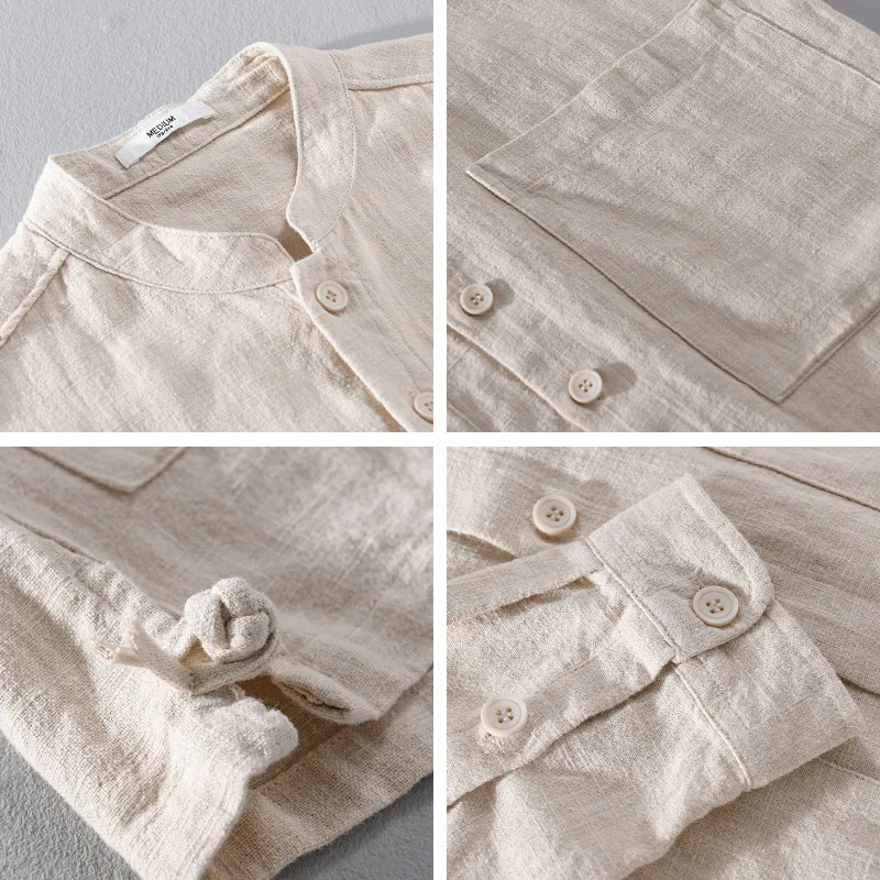 2024 Spring Autumn New Simple Casual Long Sleeve Shirts for Men Clothing Cotton and Linen Stand Collar Soft Streetwear FY9905