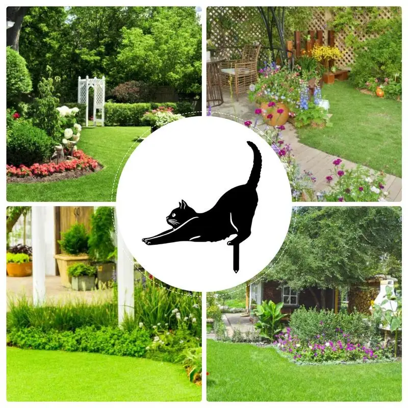 Cat Silhouette Metal Cat Stakes Outdoor Black Cat Holding Fine Craftsmanship Cat Silhouette Patio Decorations For Yard Lawn