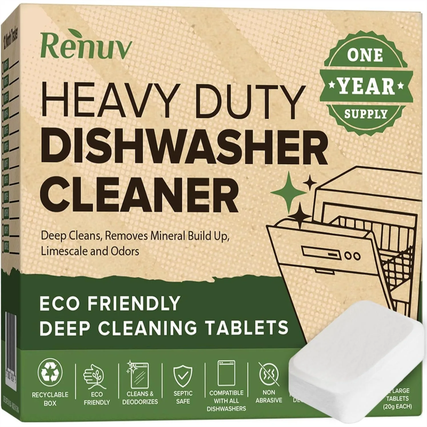 Dishwasher Cleaner Tablets 12XL, Descaler & Deodorizer for Hard Water, Limescale, Grease, Odor Remover, Septic Safe