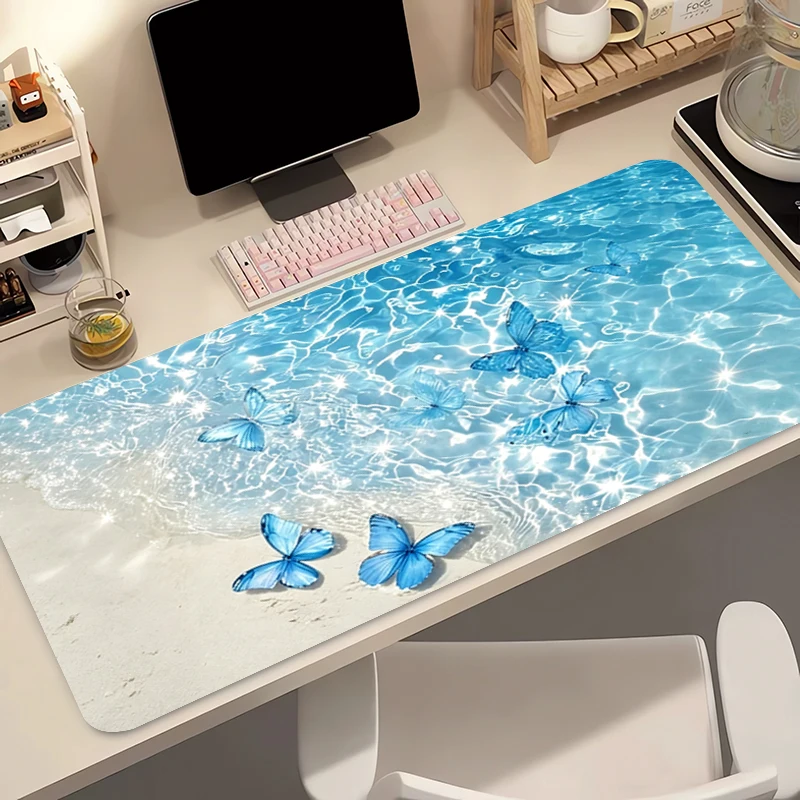 Notbook Mouse Pad Cute Butterfly Gaming Accessories Rubber Keyboard Pad Blue Seawater Computer Desk Mat Large Gamer MousePads