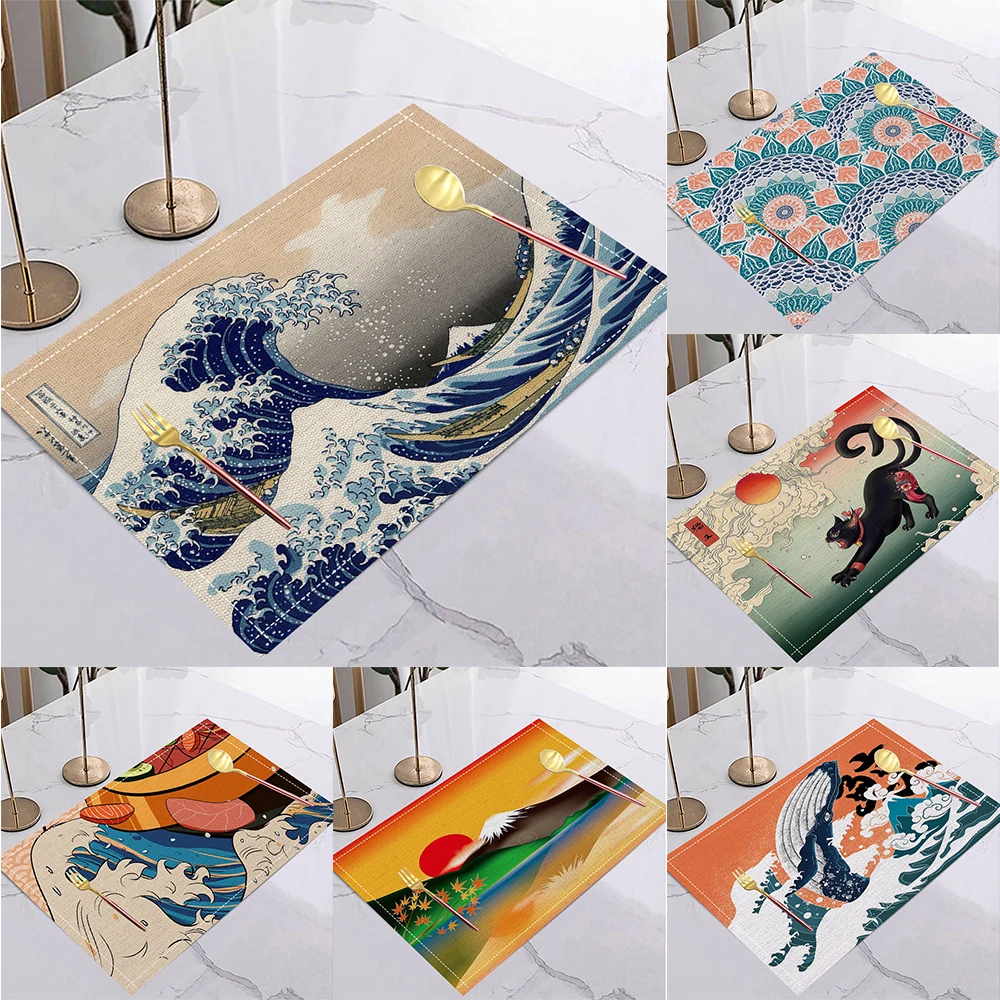 Japanese Ukiyo-e Style Linen Placemat Non Slip Table Mats Rectangular Non Slip Dining Table for Kitchen Home Decor Essentials