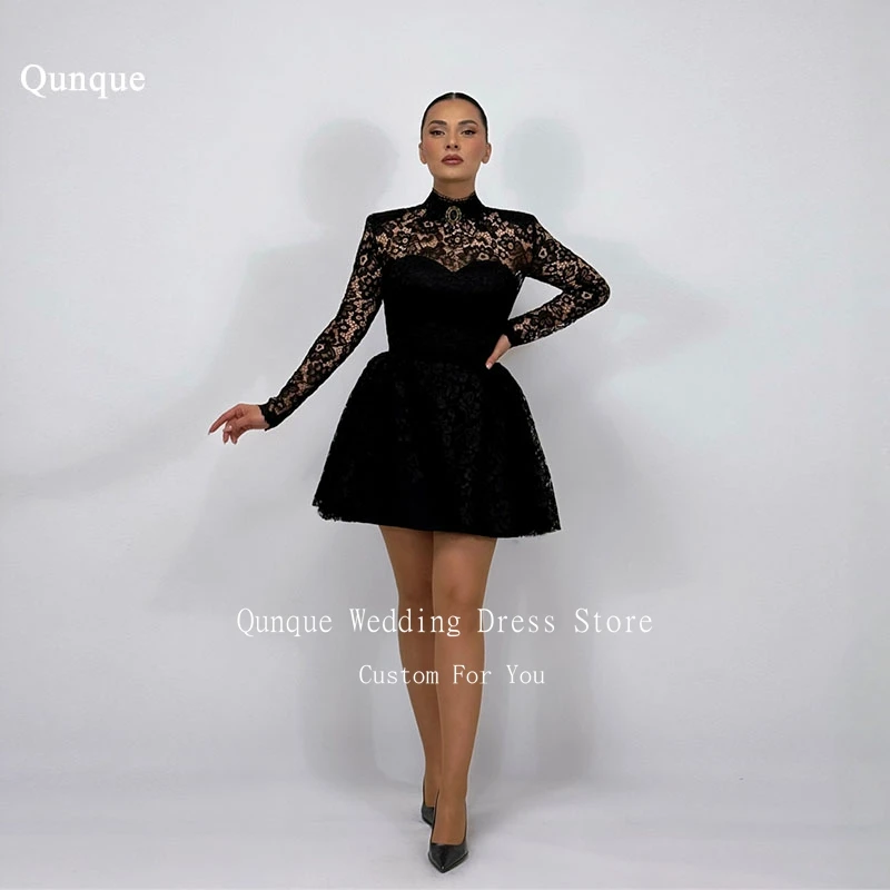 

Qunque Black Short Hollow Back Prom Dresses Mini Lace Birthday Dress High Neck Women Vestidos Para Mujer De Noche Customized