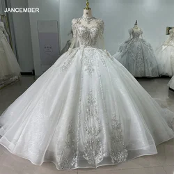 Jancember-Vestido De Novia De encaje con lentejuelas, traje De princesa De manga larga con cuello redondo, color blanco, lujo, XS060, 2024