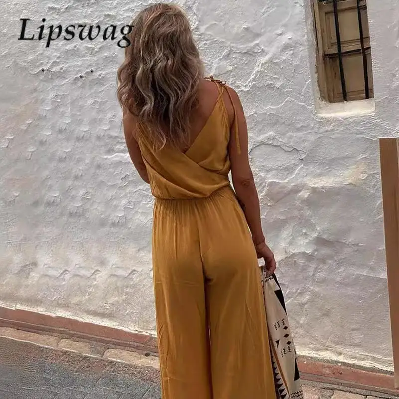 

Women Casual Solid V-neck Chiffon Jumpsuit Elegant Sexy Draped Split Pants Combinations Summer Holiday Solid Strapless Overall