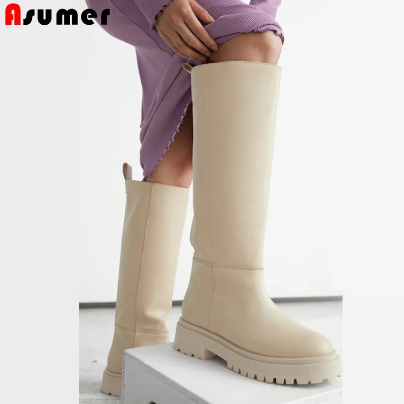 Asumer INS HOT 2024 New Genuine Leather Boots Women Winter Straight boots Ladies Knee High Boots Fashion Platform Shoes