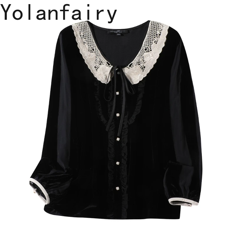 

YOLANFAIRY, 80% вискоза, 20% шелковые рубашки шелковицы для женщин, осенние французские шелковые бархатные топы с кукольным воротником и кружевом, блузки