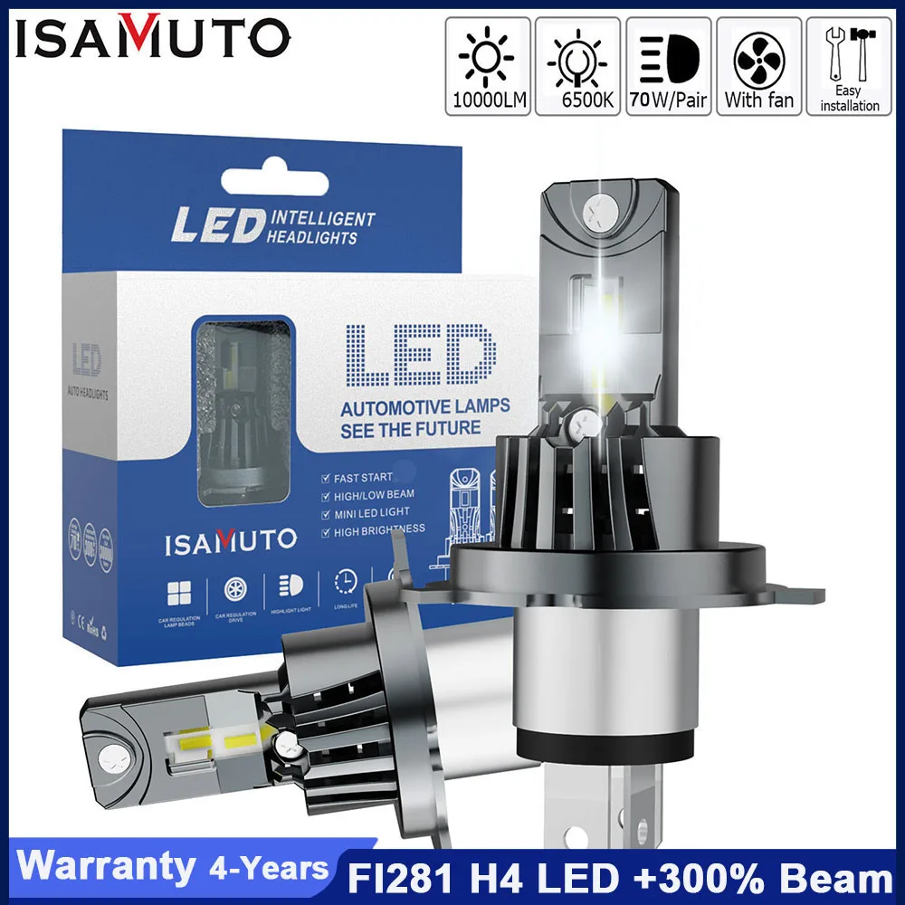 

ISAMUTO FI281 H4 9003 HB2 P43t LED Lamp Double Copper Tube 1:1 Original Bulb 12V 70W 10000LM 6500K White Headlight Bulb, Pair