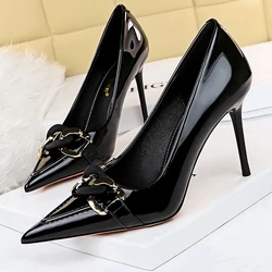 BIGTREE Shoes Fashion Women Pumps Patent Leather High Heels Metal Belt Buckle High Quality Pumps Women Party Shoes Stiletto 2023