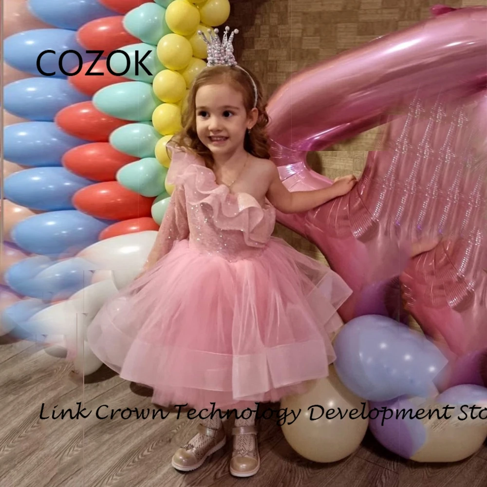 

COZOK Pink Full Sleeve Flower Girls Dresses with Sequined Soft Tulle Knee Length Christmas Dresses 2024 Summer فستان عيد الميلاد