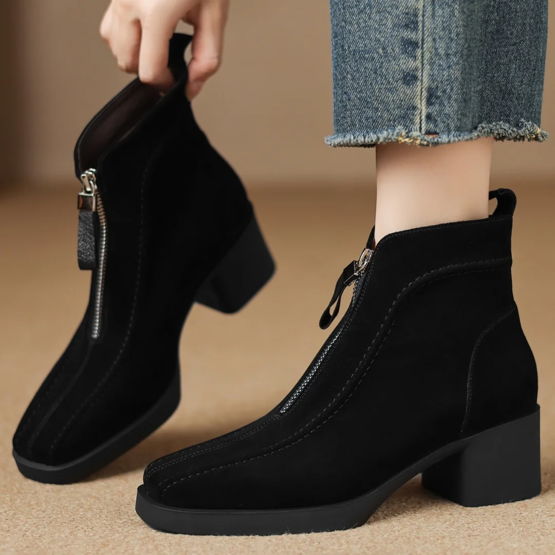 

Women's natural suede leather square toe front zip autumn ankle boots 5cm thick med heel casual female high quality short boots