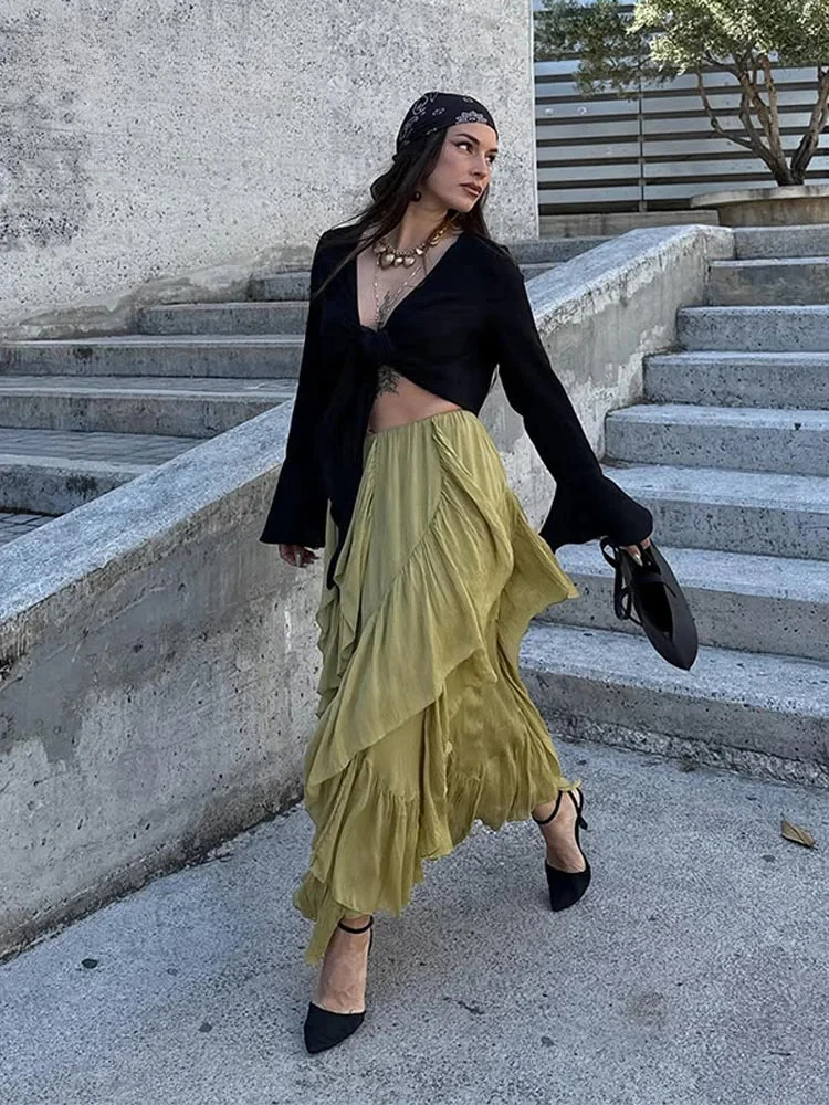 

Elegant Women's Cascading Ruffles Asymmetric Long Skirts Elastic High Waist Pleated Female Skirt Summer Lady Party Clothes