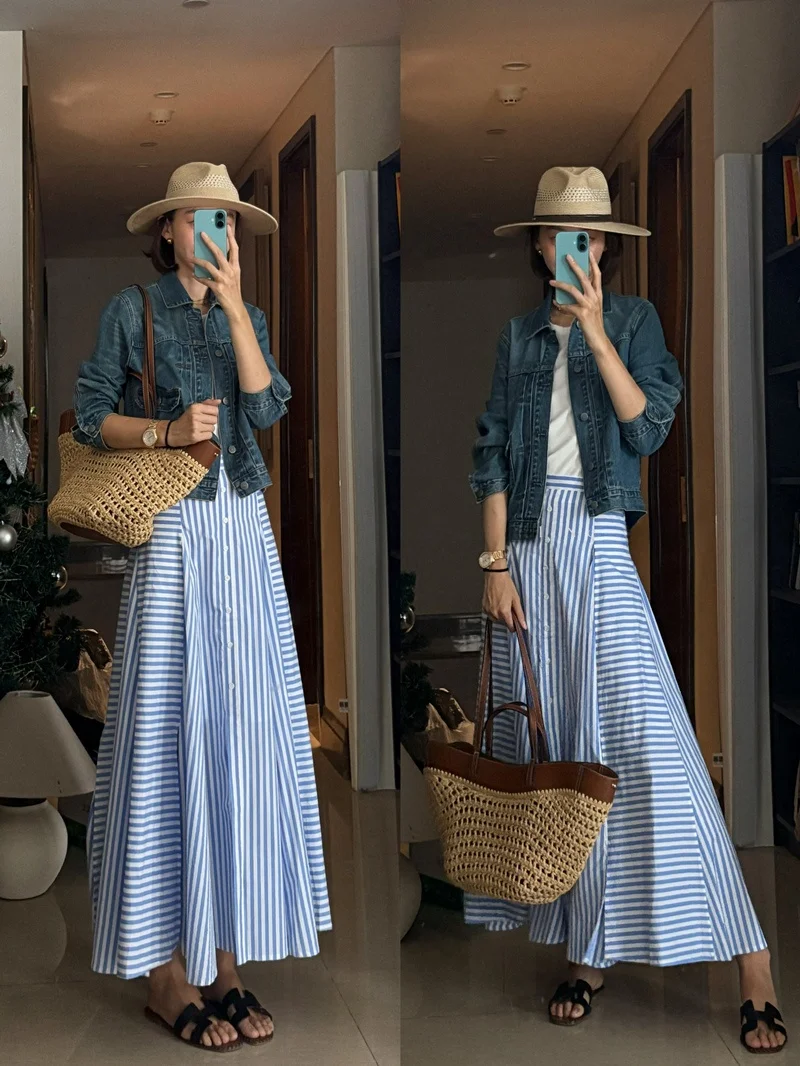 

Needop Striped Set Loose but Appropriate Semi-Body Skirt Versatile irt f Skirt Faionable Women's Ensemble Long Sve