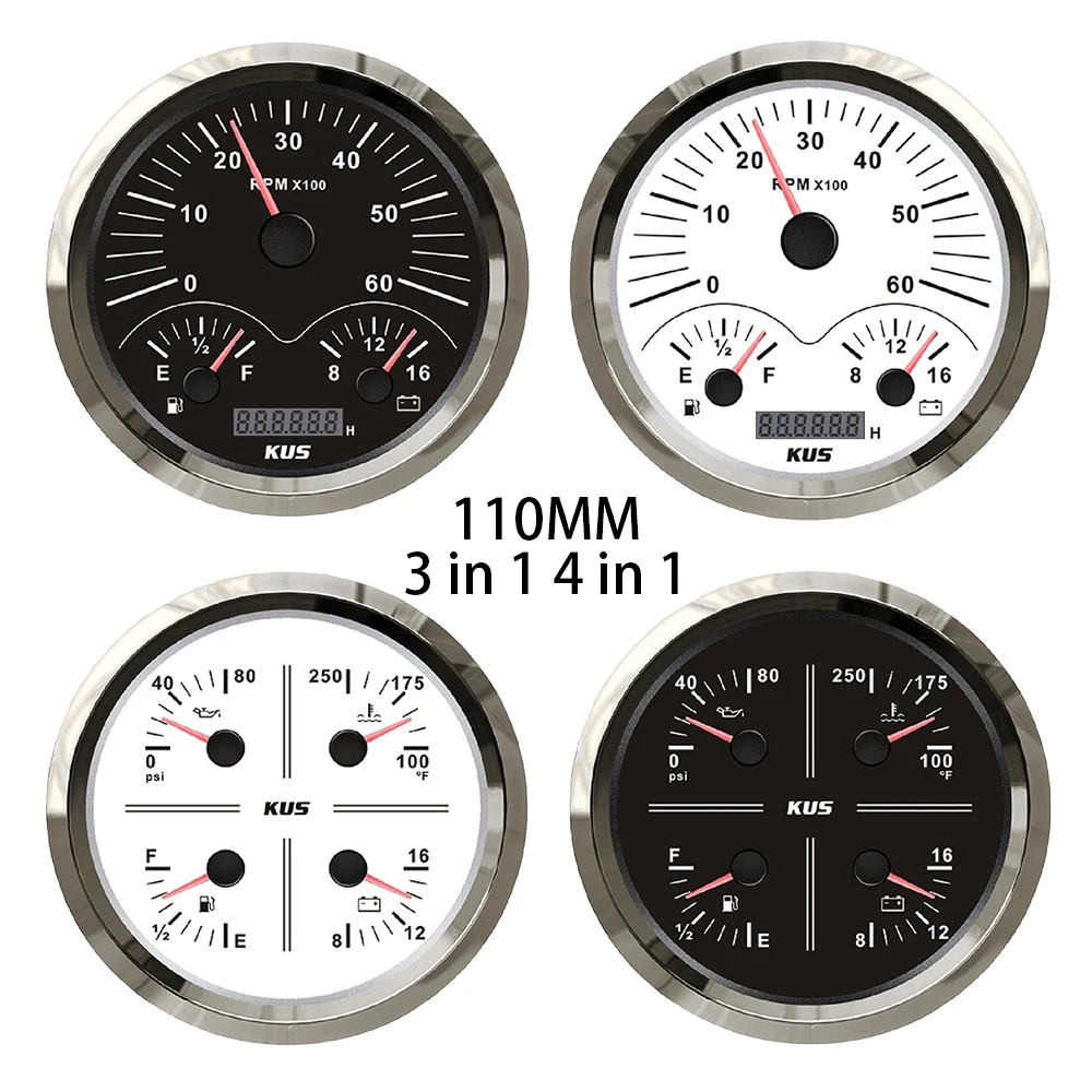 

KUS 110mm Waterproof 3 in1 4in1 Multifunctional Gauge Tachometer Fuel Level Oil Pressure Water Temp Voltmeter 12V for Car Trucks
