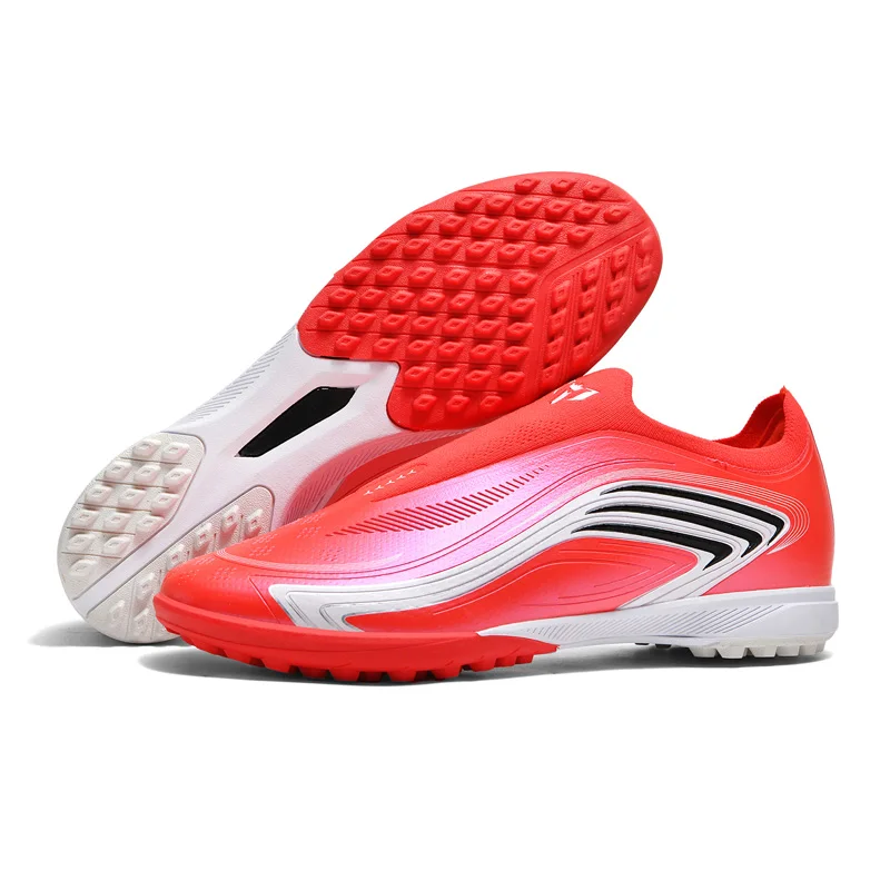 8248 RED No-lace High Quality Mens Soccer Shoes SLIP-ON Non-Slip Soccer Cleats TF/FG Training Football Boots Chuteira Campo