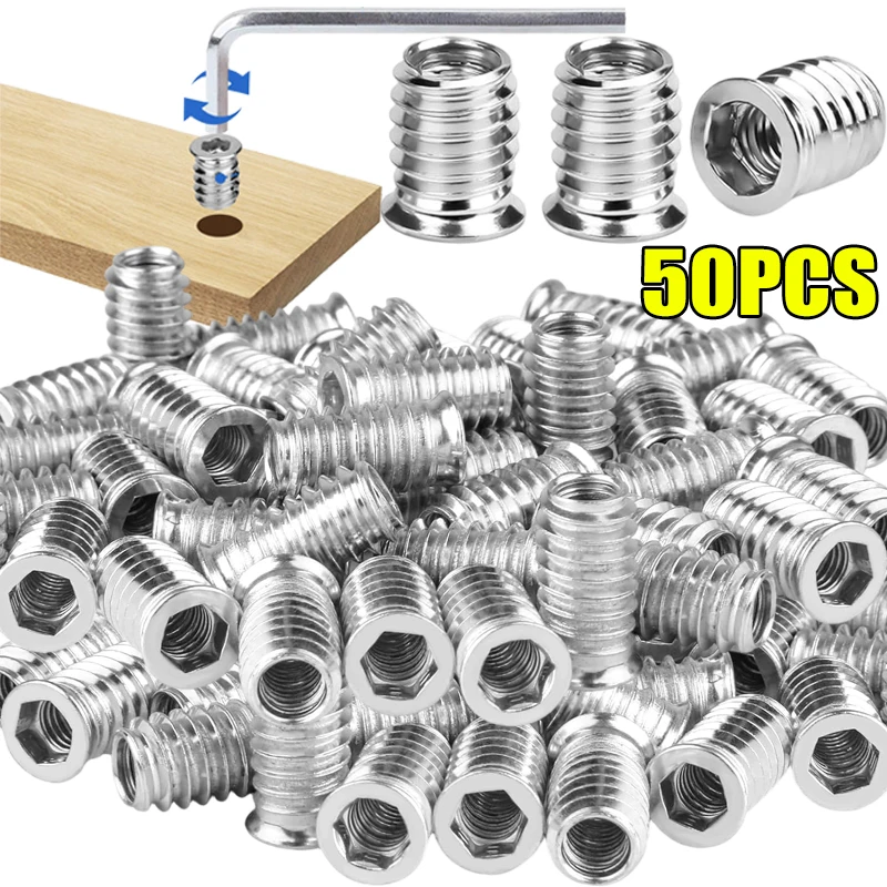 Hex Socket Embedded Insert Nuts Carbon Steel Flat Head Threaded Nut Wooden Screw Nuts Furniture Cabinet Table Fixing Fasteners