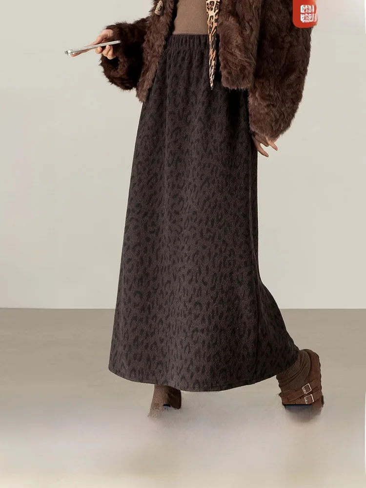 

Новая женская зимняя юбка А-силуэта с высокой талией, теплая шерстяная юбка миди с леопардовым принтом и разрезом, элегантная повседневная модель