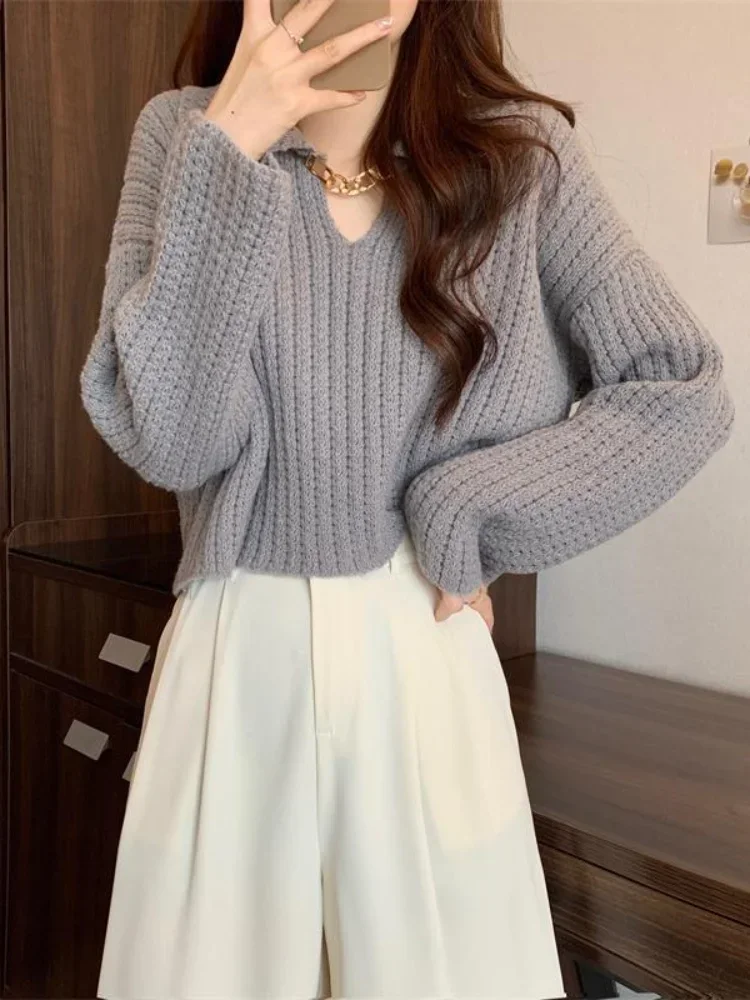 Jersey corto holgado de manga larga con cuello vuelto, Jersey informal de moda dulce, prendas de punto de viento para Otoño e Invierno 2025